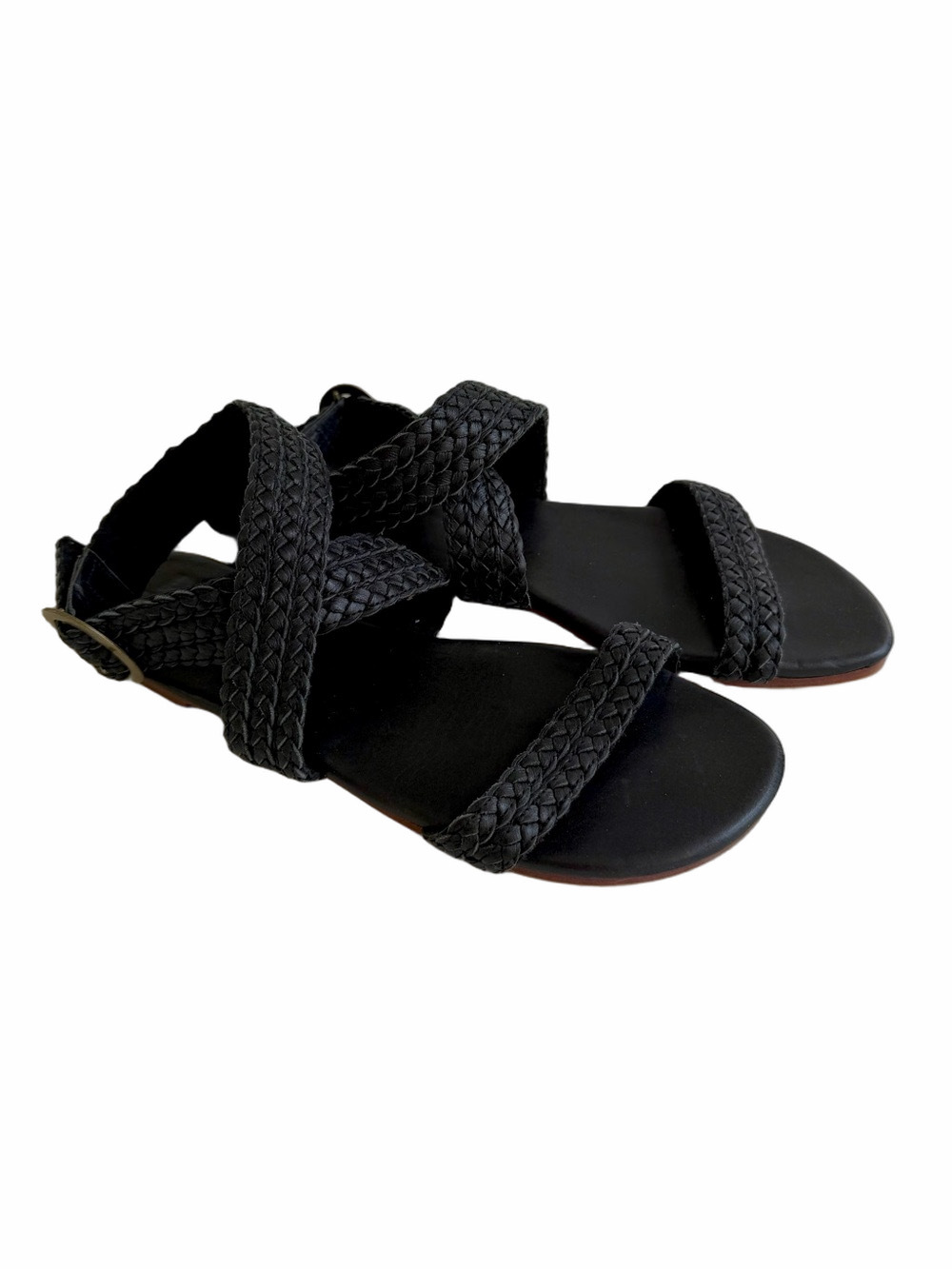 Elf Black Woven Leather Ankle Wrap Strap Sandals Size 9 EUC Hand Made